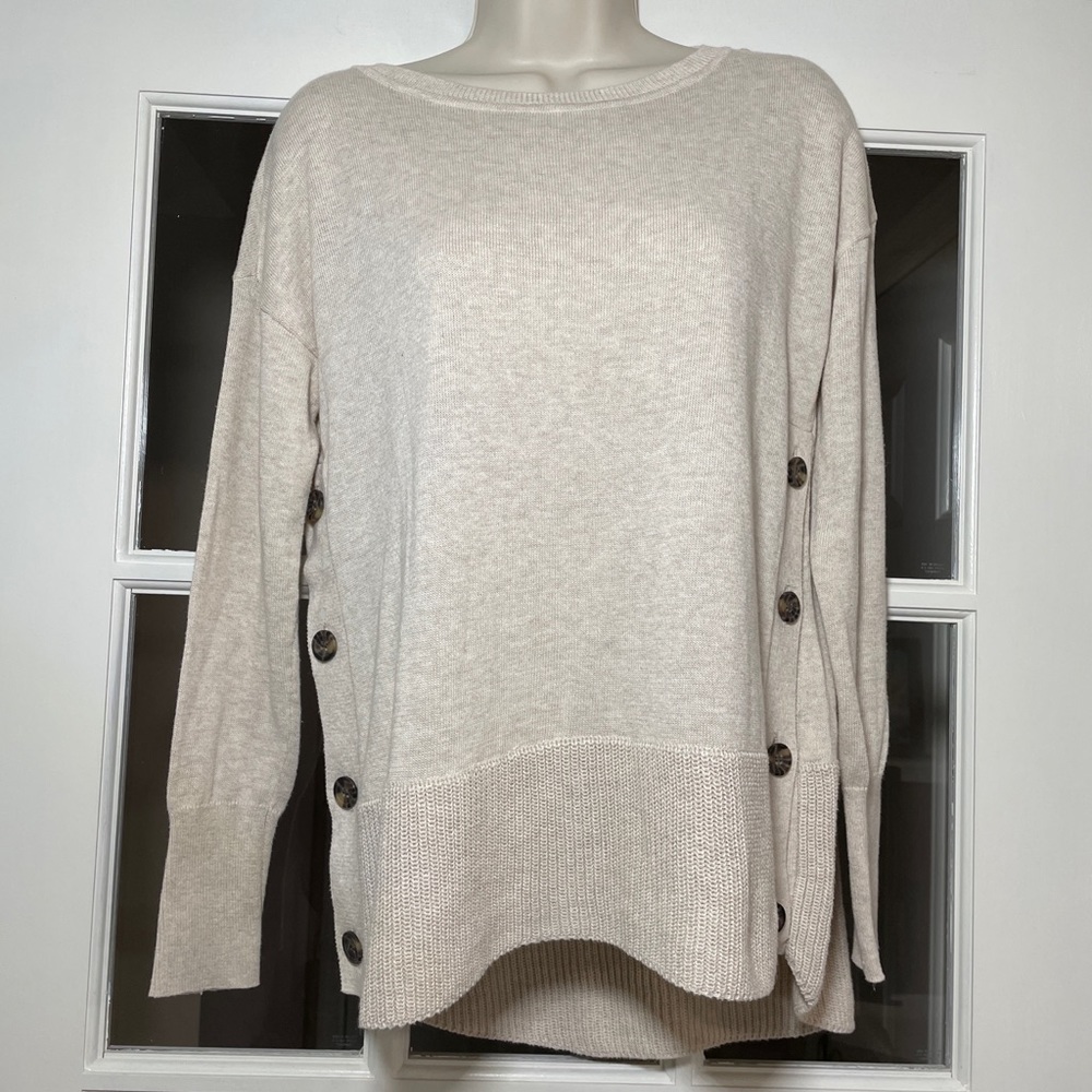 Tahari Long Sleeve Boat Neck Beige Tunic HiLo Cotton Sweater Knit Top Women's S